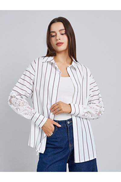 Styli Women White Striped Oversized Shirt with Lace Sleeves