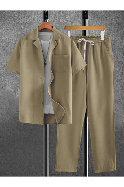 Take Two By Styli Men Beige Linen Look Shirt and Trousers Co-Ords