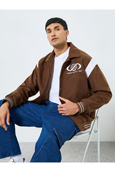 Styli Men Relaxed Varsity Jacket with Graphic Patchwork