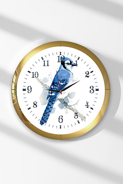 Zevahir Mobilya Dekorasyon Gold Framed Blue Bird Themed Round Mdf Wall Clock