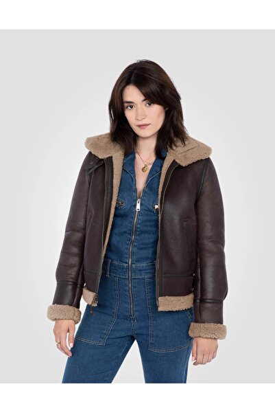 Schott NYC Women's dark burgundy cordovan bomber jacket made of sheepskin lea...