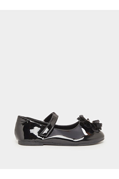Styli Black Patent Ballerinas with Flower Detail