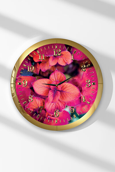 Zevahir Mobilya Dekorasyon Red Flower Themed Round Mdf Wall Clock with Gold F...