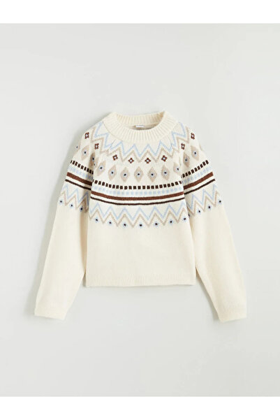 LC Waikiki Pulover tricotat pentru fete, bej, cu decolteu rotund și model