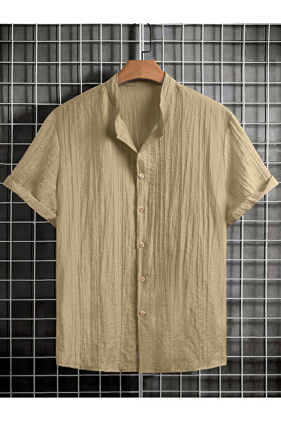 Take Two By Styli Men Beige Textured Mandarin Collar Shirt