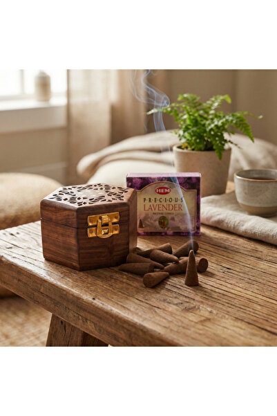 memyap Ahşap Konik Tütsü Kutusu + Lavanta Kokulu Konik Tütsü Seti | Kapaklı D...