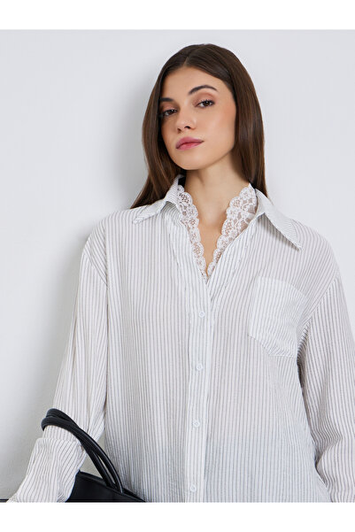 Styli Women White Pinstripe Oversized Shirt with Lace Trim