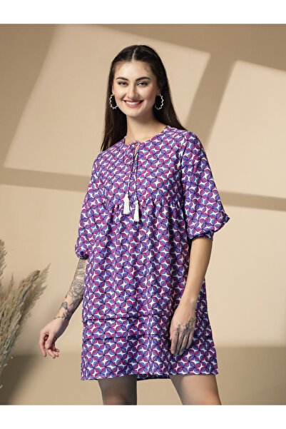 RUE COLLECTION By Styli Women Printed Tie-Up Neck A-Line Mini Dress