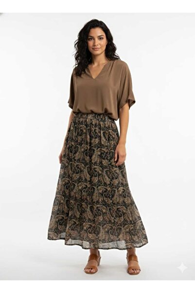 Charly Butik Şal Desenli Bel Lastikli Pliseli Şifon Uzun Etek