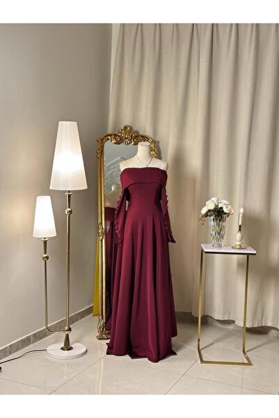 vanus fashion 6413-فستان ناعم بلون برغندي أنيق وتصميم أوف شولدر جذاب