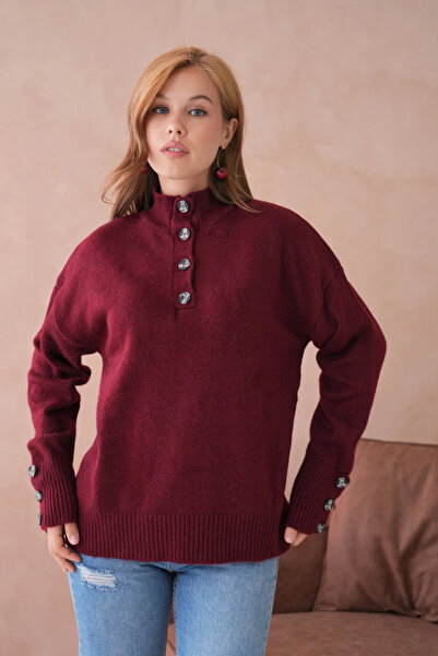 CARLA MARA Women's Mock Neck Sleeves Button Detailed Soft Textured Fleece-Lin...