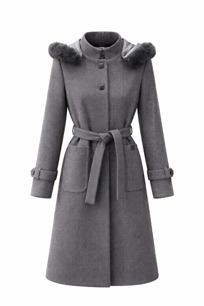 ESİN GİYİM Pötikare Dokulu Çıkarılabilir Kürk Kapşonlu Kuşaklı Kaşe Kaban