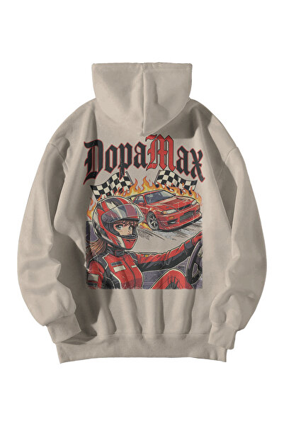 Scrovtie Unisex Cream Oversized Hoodie - Dopamax Racing Printed 3 Thread Ş Fl...