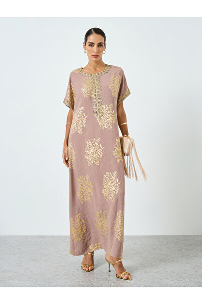 Take Two By Styli Women Tree Printed Golden Trim Patch Jalabiya