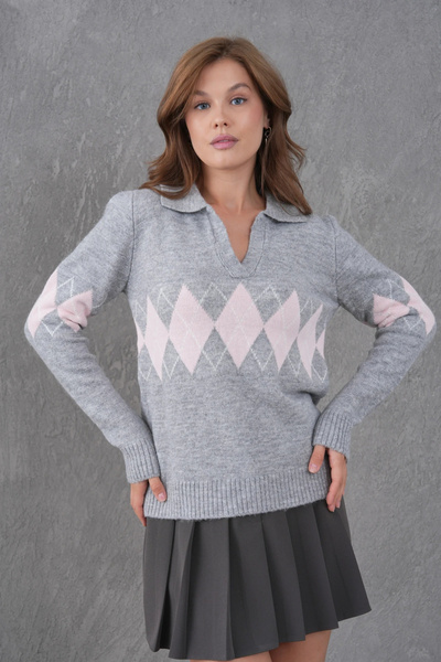 CARLA MARA Women's Polo Neck Patterned Half Placket Knitwear Sweater