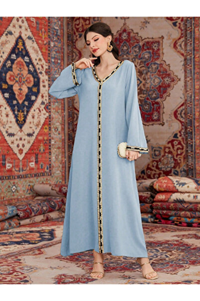 Take Two By Styli Women Faux Pearl Embellished V Neck Jalabiya