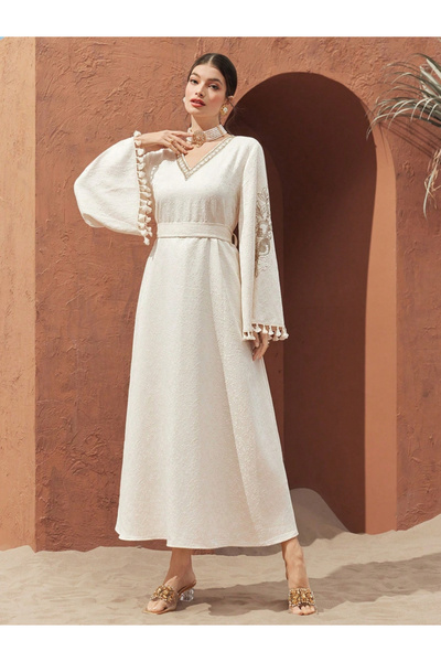 Take Two By Styli Women Jacquard Jalabiya with Tassel Trim