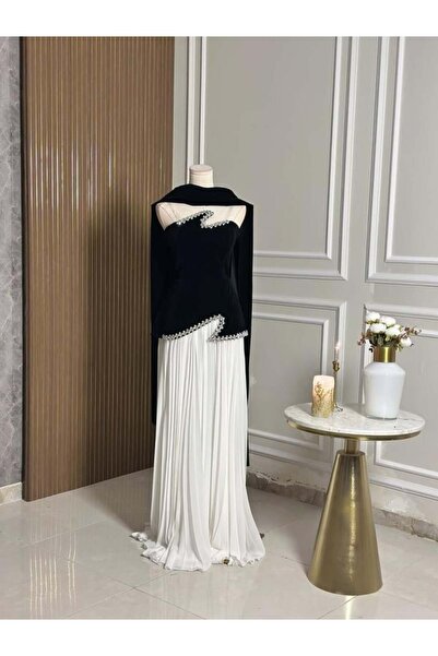 vanus fashion 6761-Black velvet dress with a luxurious white skirt
