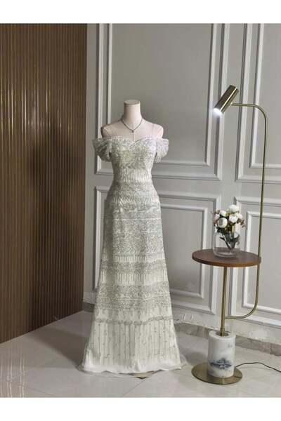 vanus fashion 6739-فستان أوف وايت مطرّز بالكامل بترتر لامع