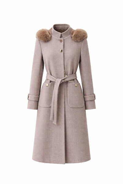 ESİN GİYİM Pötikare Dokulu Çıkarılabilir Kürk Kapşonlu Kuşaklı Kaşe Kaban