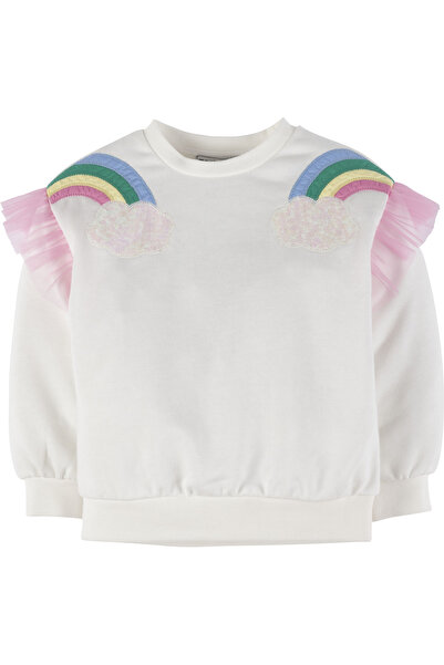 Mamino Gökkuşağı ve Bulut Detaylı Tüllü Kol Kız Çocuk Sweatshirt 18954