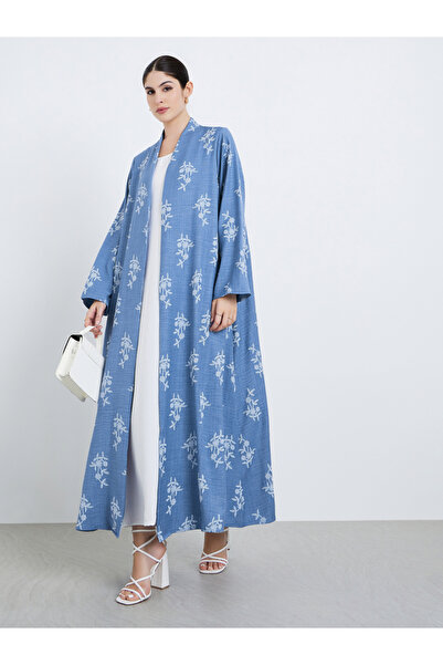 Styli Women Blue Floral Print Open Front Abaya