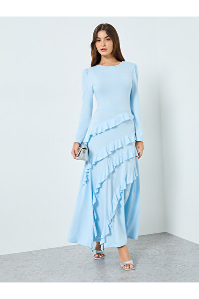 Styli Women Blue Ruffled Detail Long Sleeve Maxi Dress