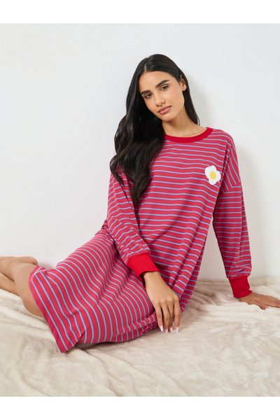 Styli Striped Long Sleeve Sleep Dress with Flower Applique