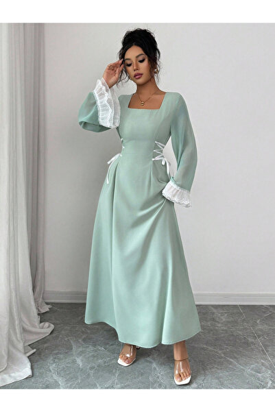 Take Two By Styli Women Square Neck Waist Tie-Up Maxi Dress