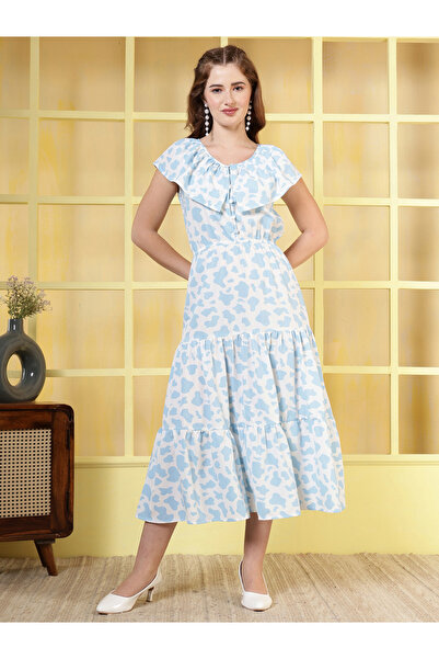 RUE COLLECTION By Styli Women Blue Floral Print Crepe A-Line Midi Dress