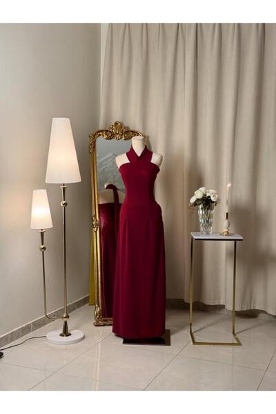 vanus fashion 6441-Elegant burgundy evening dress with a modern touch