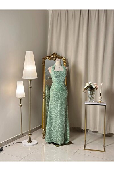 vanus fashion 6406-فستان أخضر بترتر لامع بتصميم هالتر ساحر