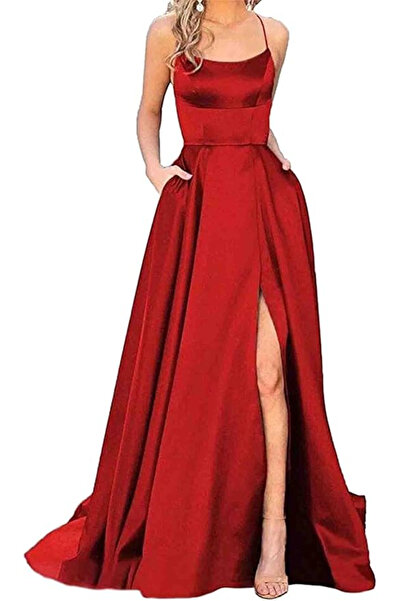 OEM Elegant long satin dress, sleeveless, slim waist, red 2XL