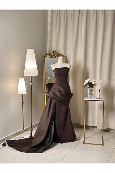 vanus fashion 6405-Royal brown strapless dress with luxurious details