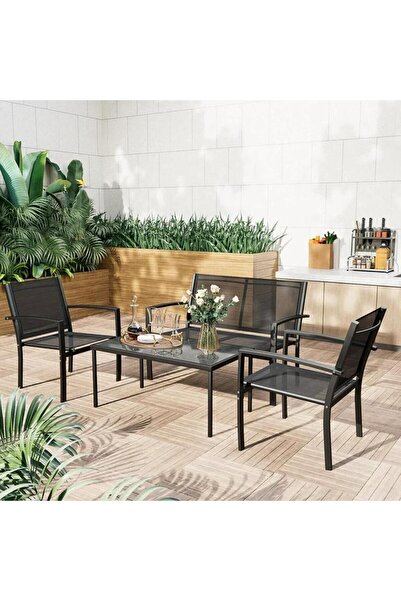 Selgot Garden Table Set, 1 Table, 1 Bench, 2 Armchairs, Black Color