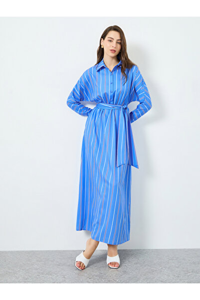 Take Two By Styli Women Blue Striped Belted Long Sleeve Jalabiya