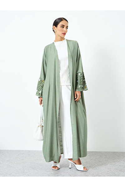 Take Two By Styli Women Green Embroidered Long Sleeve Abaya