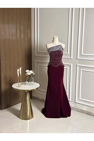 vanus fashion 6610-Elegant Burgundy Velvet Dress