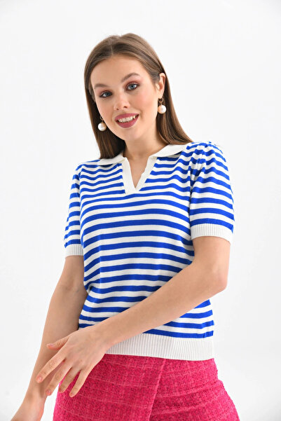 CARLA MARA Women's Polo Neck Short Sleeve Striped Knit Sweater