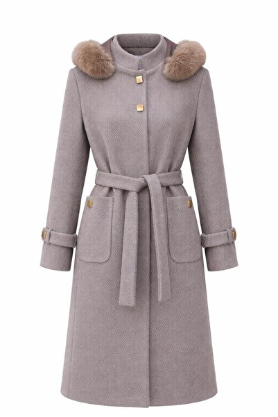 ESİN GİYİM Pötikare Dokulu Çıkarılabilir Kürk Kapşonlu Kuşaklı Kaşe Kaban