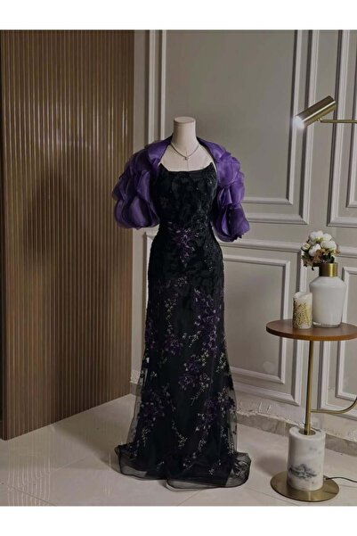 vanus fashion 6725-Luxury dress embroidered in black and purple with a puffy ...