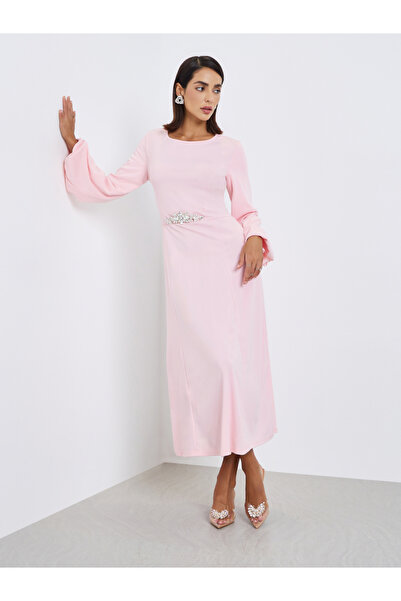 Styli Women Pink Embellished Waist Midi Dress
