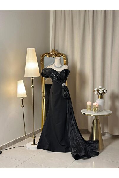 vanus fashion 6478-فستان أسود ملكي بلمسة فخامة