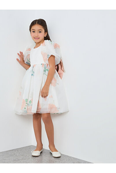 Take Two By Styli Girls Orange Floral Print Puff Sleeve Dress