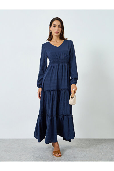 Take Two By Styli Women Navy Blue Textured Pleated Detail Maxi Dress