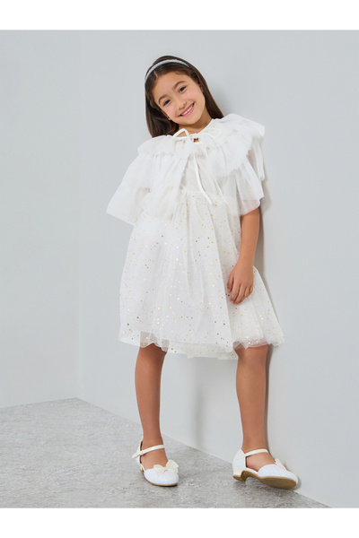 Take Two By Styli Girls Embellished Strappy Mesh Dress with Tulle Cape