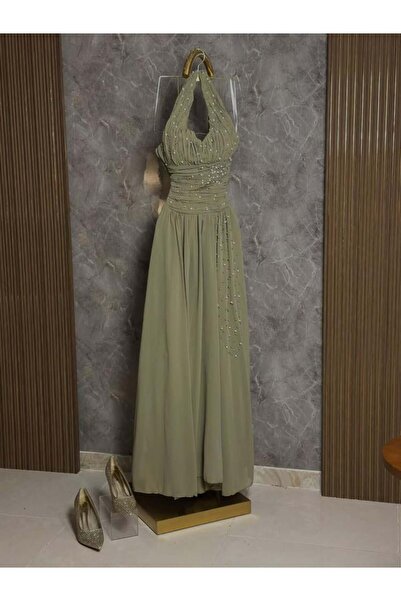 vanus fashion 6763-ف فستان سهرة راقٍ بلون زيتي هادئ