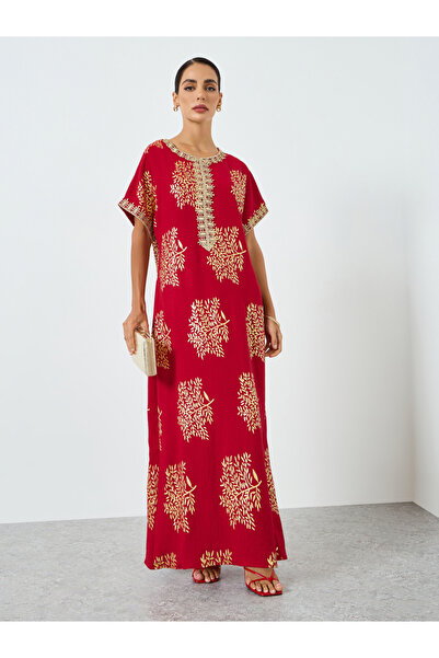 Take Two By Styli Women Tree Printed Golden Trim Patch Jalabiya