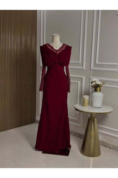 vanus fashion 6762-فستان عودي مخملي بتصميم أنيق ومختلف