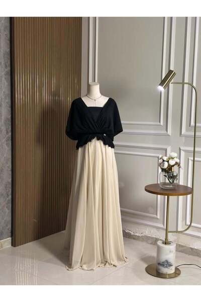 vanus fashion 6763-فستان أنيق بتنسيق أسود مع أوف وايت